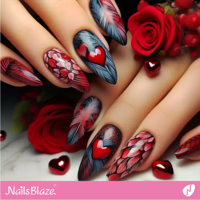 Hearts and Roses Nails with Feather Pattern | Valentine Nails - NB2702